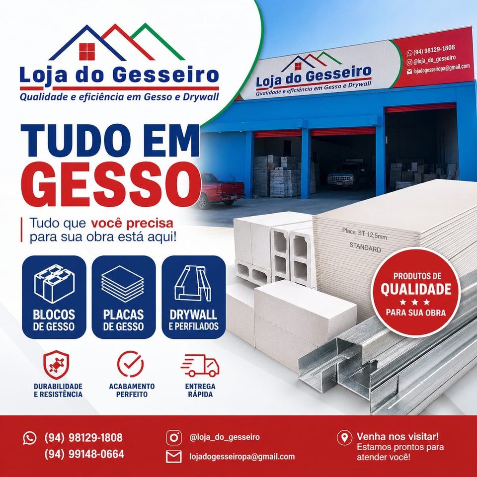Loja do Gesseiro: Tudo em Gesso. Blocos de gesso, placas de gesso, drywall e perfilados. Durabilidade e resistência, acabamento perfeito e entrega rápida. Contatos (94) 98129-1808 e (94) 99148-0664.
